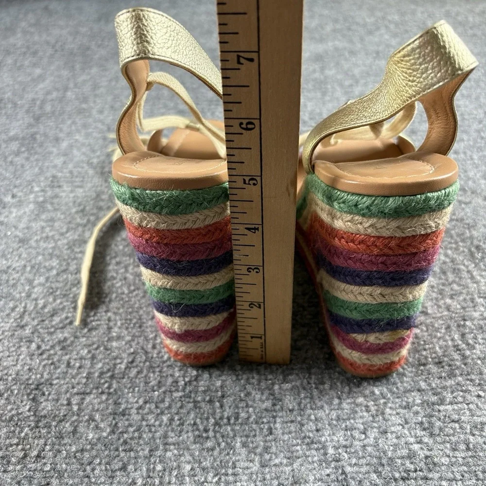 Kate Spade Gold Espadrille Wedge Sandals Women's 9M Lace Up Rainbow Boho 5